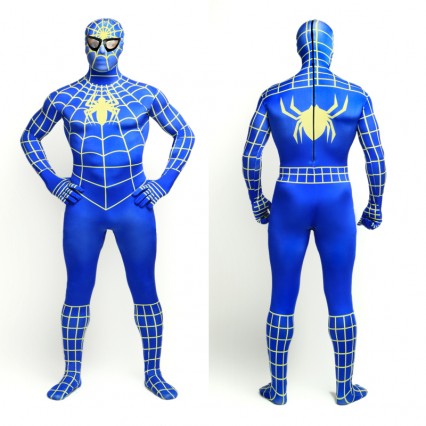 Superhero Comic Costumes Wholesale Halloween Blue Yellow Stripe Spiderman Zentai Suit Costumes from China Manufacturer Directly