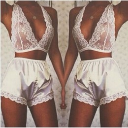 Ladies Sexy 2 Piece White Lace Bra Top & Satin Shorts Pyjama Set One Size AR2151048