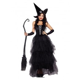 Halloween Witch Costumes For Women Black Polyester Scary Long Dress Hat Holidays Costumes Full Set
