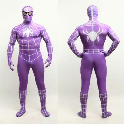 Superhero Comic Costumes Wholesale Halloween Purple Lycra Spandex White Stripe Zentai Suit Inspired by Spiderman Halloween from China Manufacturer Directly