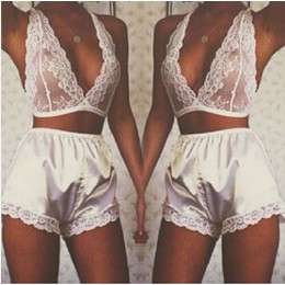 Ladies Sexy 2 Piece White Lace Bra Top & Satin Shorts Pyjama Set One Size AR2151048  Ladies Sexy 2 Piece White Lace Bra Top & Satin Shorts Pyjama Set One Size AR2151048