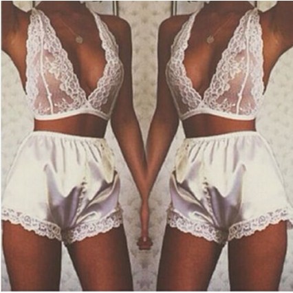 Ladies Sexy 2 Piece White Lace Bra Top & Satin Shorts Pyjama Set One Size AR2151048  Ladies Sexy 2 Piece White Lace Bra Top & Satin Shorts Pyjama Set One Size AR2151048