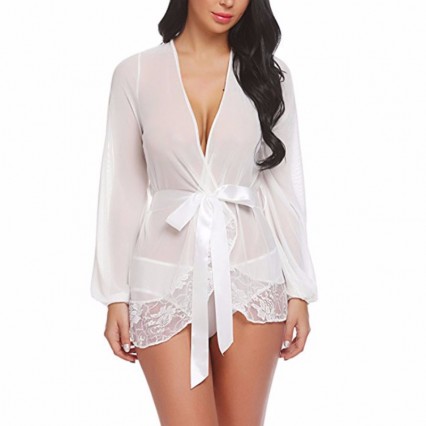 Sexy Sheer Mesh Lace-up Detail Lace Trim Self-tying Thin Nightgown Bathrobe with Sash N18925