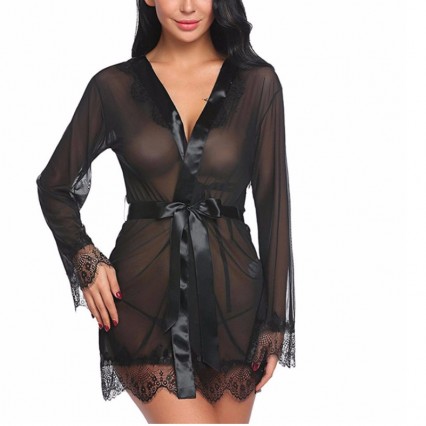 Sexy Sheer Mesh Floral Lace Flare Sleeve Thin Nightgown Bathrobe with Sash N18921