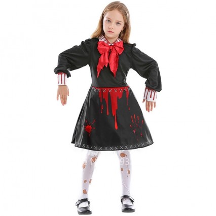 Halloween Ghost Scary Costume Girl Horror Ceramic Doll Cosplay Outsuit Girl Cursed Doll Bloodstain Print Dress Dark Witch Wear