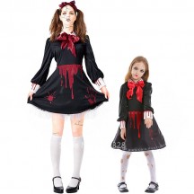 Halloween Ghost Scary Costume Women Horror Ceramic Doll Cosplay Outsuit Girl Cursed Doll Bloodstain Print Dress Dark Witch Wear