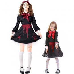 Halloween Ghost Scary Costume Women Horror Ceramic Doll Cosplay Outsuit Girl Cursed Doll Bloodstain Print Dress Dark Witch Wear  Halloween Ghost Scary Costume Women Horror Ceramic Doll Cosplay Outsuit Girl Cursed Doll Bloodstain Print Dress Dark Witch Wear