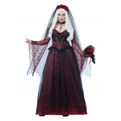 Halloween Costumes Wholesale Ghost Bride Burgundy Lace Royal Dress Headwear Polyester Holidays Costumes