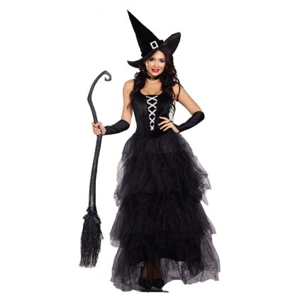 Halloween Witch Costumes For Women Black Polyester Scary Long Dress Hat Holidays Costumes Full Set