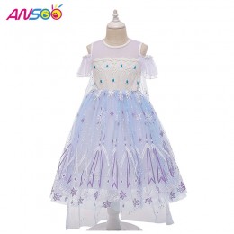 ANSOO 2022 Amazon Hot Sale wholesale Girls Long Sleeve Ice Queen Girls Cosplay Party Princess Costume Movie 2 Elsa Dress