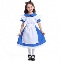 Girls Halloween Ruffle Trim Tie Waist Blue Alice In Wonderland Cosplay Kids with White Apron 4-12 Years DGHC-070