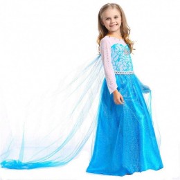 Hot Selling Children's Wear Baby Girls Long Sleeve Maxi Dress Elsa Cosplay Party Dress With Cloak