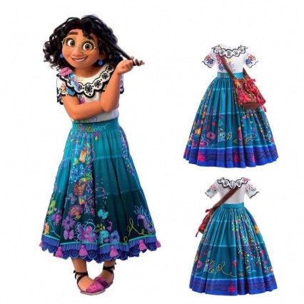 2022 Hot Sale Girls Encanto Movie Dress Up Mirabel Costume Baby Kids Summer Long Dress With Bag