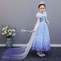 BAIGE 2021 New Blue Elsa Anna Girl Party Dress Cosplay Dresses Up Princess With Handmade Necklace and Long Cape