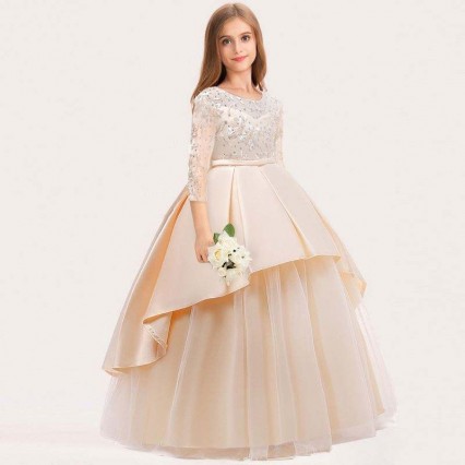 Boutique Long Sleeve Princess Evening Gowns Baby Girl Birthday Wedding Party Dress With Flowers LP-233