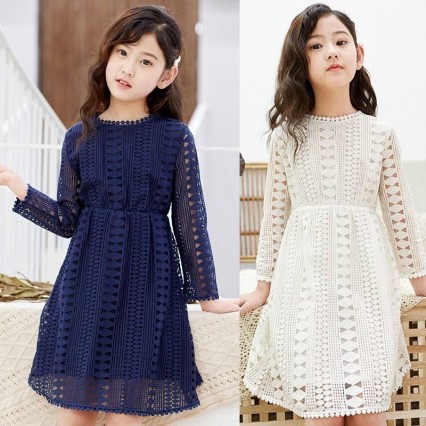 Girl Long Sleeves Lace Dress Child Baby Princess Wedding Party Girls Dress White/Dark blue