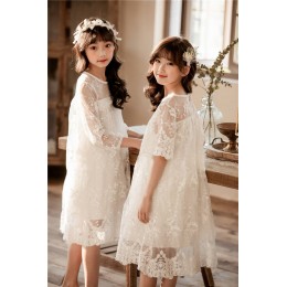 New Summer Cotton Net Yarn Lace Girls Dresses Kids Skirt Children Clothing 3-14 Years Old White Princess Dress