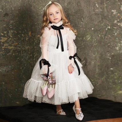Polka-dot Tulle Flower Girl Dresses Illusion Long Sleeves Girl Wedding Party Dress Ribbons Communion Dress Birthday New Year  Polka-dot Tulle Flower Girl Dresses Illusion Long Sleeves Girl Wedding Party Dress Ribbons Communion Dress Birthday New Year