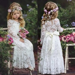 Summer Girl Wedding Lace Long Dress Age 2-12 Princess Dresses Big Bow Bridesmaid Wedding Pageant for Flower Girls