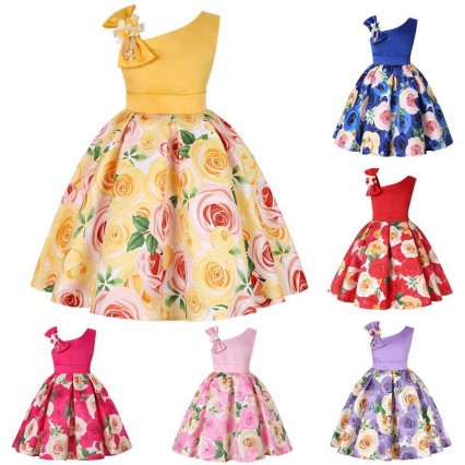 Summer Girls Rose Print Dress Princess Wedding Birthday Party Frocks Satin Children Vestidos Dresses For Girl Christmas Clothing