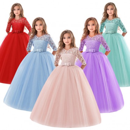 Teenage Girls Dress Summer Children's Clothing Party Elegant Princess Long Tulle Baby Girls Kids Lace Wedding Ceremony Dresses