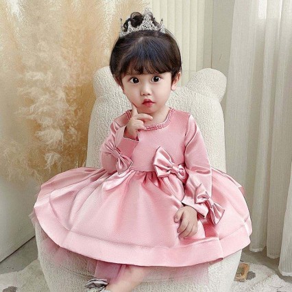 Baige Long Sleeves Party Flower Girl Dress Big Bow 1-6Years Kids Clothing Frock Design 9105 Baige Long Sleeves Party Flower Girl Dress Big Bow 1-6Years Kids Clothing Frock Design 9105