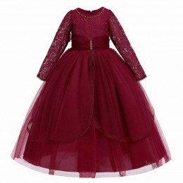 BAIGE long sleeve Princess Layers maroon Tulle Flower Girls Birthday Party Dresses lace flower girl dress