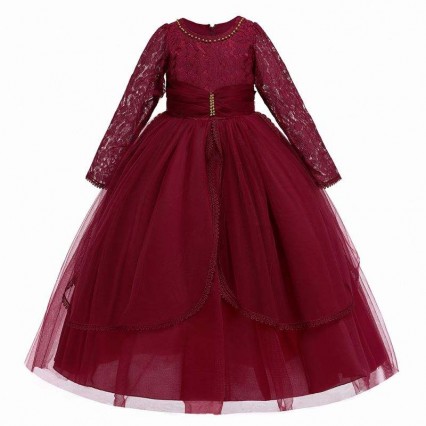 BAIGE long sleeve Princess Layers maroon Tulle Flower Girls Birthday Party Dresses lace flower girl dress BAIGE long sleeve Princess Layers maroon Tulle Flower Girls Birthday Party Dresses lace flower girl dress