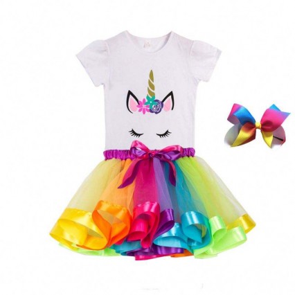 Colorful T-Shirt+Dress Birthday Party Costume Summer Cotton Unicorn Dress DJS075  Colorful T-Shirt+Dress Birthday Party Costume Summer Cotton Unicorn Dress DJS075