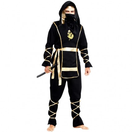 Adult Black Masked Halloween Costume Men Ninja Hooded Strappy Halloween Cosplay Party Costume
