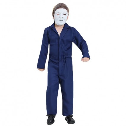 Child Horror Movie Cosplay Scary Halloween Killer Michael Myers Blue Mechanic Coveralls Costume With Vinyl Mask 2Pcs Outfit Child Horror Movie Cosplay Scary Halloween Killer Michael Myers Blue Mechanic Coveralls Costume With Vinyl Mask 2Pcs Outfit