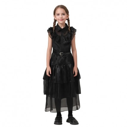 Girls Gothic Wednesday Addams Black Raven Dance Halloween Costume Dress Girls Gothic Wednesday Addams Black Raven Dance Halloween Costume Dress