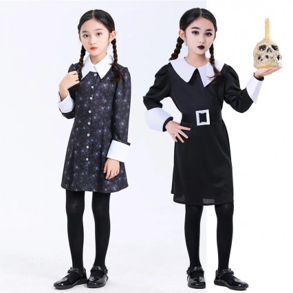 Hot Sale Girl Wednesday Family Addams Cosplay Gothic Black Dress For Kids Halloween Theme Party Costumes Hot Sale Girl Wednesday Family Addams Cosplay Gothic Black Dress For Kids Halloween Theme Party Costumes