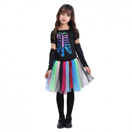 Ready Goods Girls Rainbow Skeleton Cosplay Rock Puffy Dress Kids Halloween Carnival Party Costume Ready Goods Girls Rainbow Skeleton Cosplay Rock Puffy Dress Kids Halloween Carnival Party Costume
