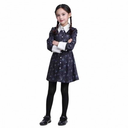Hottest Trends Kids Black Gothic 4-10y Girl Wednesday Addams Skull Print Costume For Halloween Party Trick-or-treating Hottest Trends Kids Black Gothic 4-10y Girl Wednesday Addams Skull Print Costume For Halloween Party Trick-or-treating
