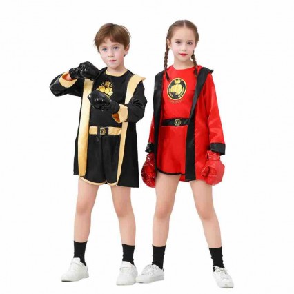 Kids Red Black Boxer Cosplay Uniform Costume With Boxing Gloves Career Day Party Kids Red Black Boxer Cosplay Uniform Costume With Boxing Gloves Career Day Party