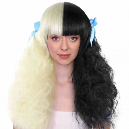 Adult Cosplay Long Curly Wigs Black And Blonde Wig with Blue Ribbons Party Cosplay Fancy Doll Wig for Girls Adult Cosplay Long Curly Wigs Black And Blonde Wig with Blue Ribbons Party Cosplay Fancy Doll Wig for Girls