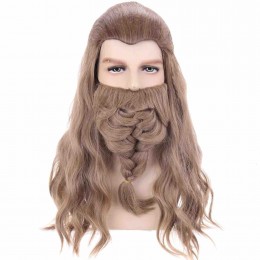 Men Long Wavy Golden Wig Brown Cosplay Wig with Braid Beard Costume Party Braiding Wig for Adult Role Play Prom Head Accesory  Men Long Wavy Golden Wig Brown Cosplay Wig with Braid Beard Costume Party Braiding Wig for Adult Role Play Prom Head Accesory