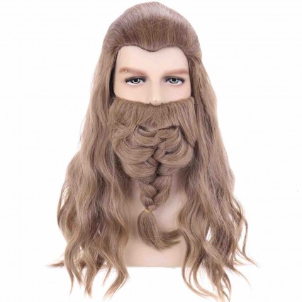 Men Long Wavy Golden Wig Brown Cosplay Wig with Braid Beard Costume Party Braiding Wig for Adult Role Play Prom Head Accesory Men Long Wavy Golden Wig Brown Cosplay Wig with Braid Beard Costume Party Braiding Wig for Adult Role Play Prom Head Accesory