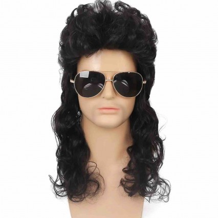 Mullet Wig Mens Black Long Curly Hair Wigs 70s 80s Male Halloween Costumes Punk Rocker TV Movie Wigs Party Performance Supplies Mullet Wig Mens Black Long Curly Hair Wigs 70s 80s Male Halloween Costumes Punk Rocker TV Movie Wigs Party Performance Supplies