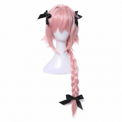 Women Astolfo Cosplay Wig Long Braided Synthetic Hair Wigs Pink Party Holiday Role Play Wig with Black Bow Ties Women Astolfo Cosplay Wig Long Braided Synthetic Hair Wigs Pink Party Holiday Role Play Wig with Black Bow Ties