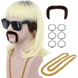 70s 80s Adult Men Long Black Root Blonde Mullet Mutsache Wig with Gold Necklace Earrings Halloween Costume Cosplay Wig  70s 80s Adult Men Long Black Root Blonde Mullet Mutsache Wig with Gold Necklace Earrings Halloween Costume Cosplay Wig