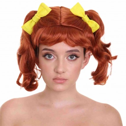 Shoulder Length Human Hair Wigs for Women Cosplay Halloween Party Wig Red Head Pigtails with Yellow Ribbons Wig Shoulder Length Human Hair Wigs for Women Cosplay Halloween Party Wig Red Head Pigtails with Yellow Ribbons Wig