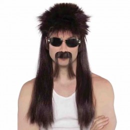 80's Themed Men Dark Brown Mullet Wig and Moustache Set for Halloween Costume Parties  80's Themed Men Dark Brown Mullet Wig and Moustache Set for Halloween Costume Parties