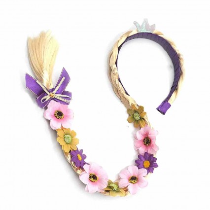 Girls Princess Dress up Wigs Headbands with Tiara Flowers Adorn Halloween Party Stage Performance Long Braided Wig Girls Princess Dress up Wigs Headbands with Tiara Flowers Adorn Halloween Party Stage Performance Long Braided Wig