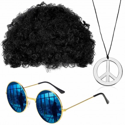 Hippie Costume Set Funky Afro Wig Sunglasses Peace Sign Necklace for 50/60/70s Theme Party Hippie Costume Set Funky Afro Wig Sunglasses Peace Sign Necklace for 50/60/70s Theme Party
