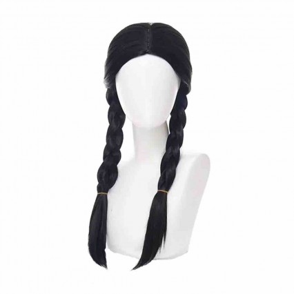 Long Black Braided Pigtails Girls Wednesday Cosplay Costume Wigs with Bangs for Halloween Long Black Braided Pigtails Girls Wednesday Cosplay Costume Wigs with Bangs for Halloween