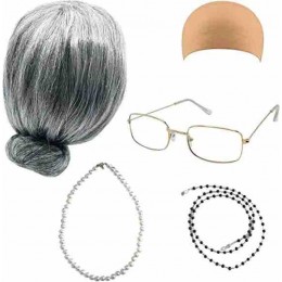 Old Lady Wig Costume Set, Gray Hair Granny Wig with Pearl necklace, Glasses, Glass Chain Accessories for party  Old Lady Wig Costume Set, Gray Hair Granny Wig with Pearl necklace, Glasses, Glass Chain Accessories for party