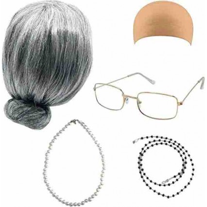 Old Lady Wig Costume Set, Gray Hair Granny Wig with Pearl necklace, Glasses, Glass Chain Accessories for party Old Lady Wig Costume Set, Gray Hair Granny Wig with Pearl necklace, Glasses, Glass Chain Accessories for party