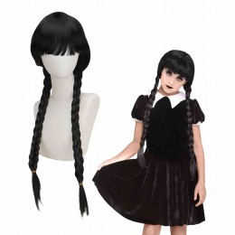 Black twist braid wig TV drama program Adams family hair double ponytail Wednesday Adams wig chemical fiber cos wig  Black twist braid wig TV drama program Adams family hair double ponytail Wednesday Adams wig chemical fiber cos wig